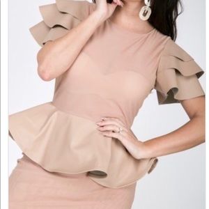 Nude color dress faux leather sleeve